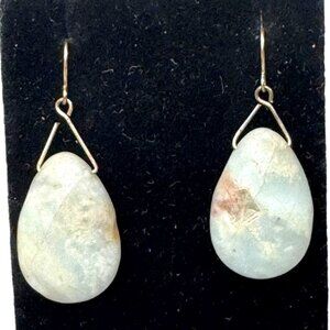 Natural Stone Teardrop Earrings Larimar Faceted Dangle Silver Hooks Estate